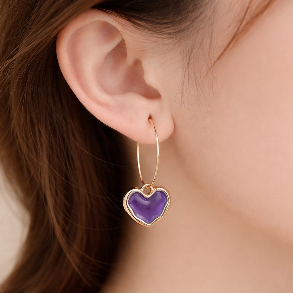 Gold Tone Heart Hoop Earrings with Purple Charm Dangle